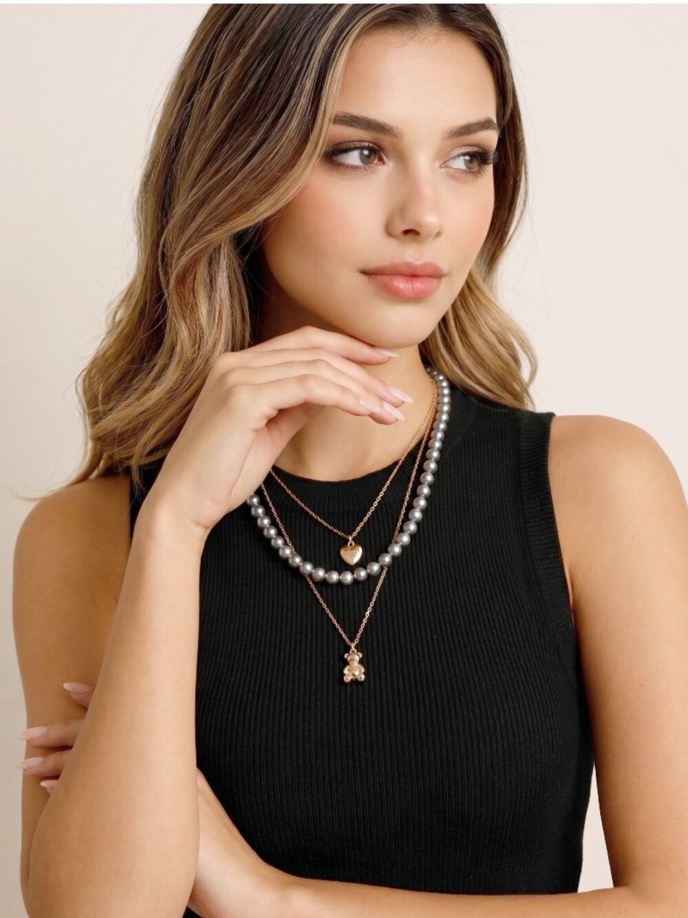Multi-Layer Pearl & Gold Tone Chain Necklace with Bear Charm - Elegant & Chic